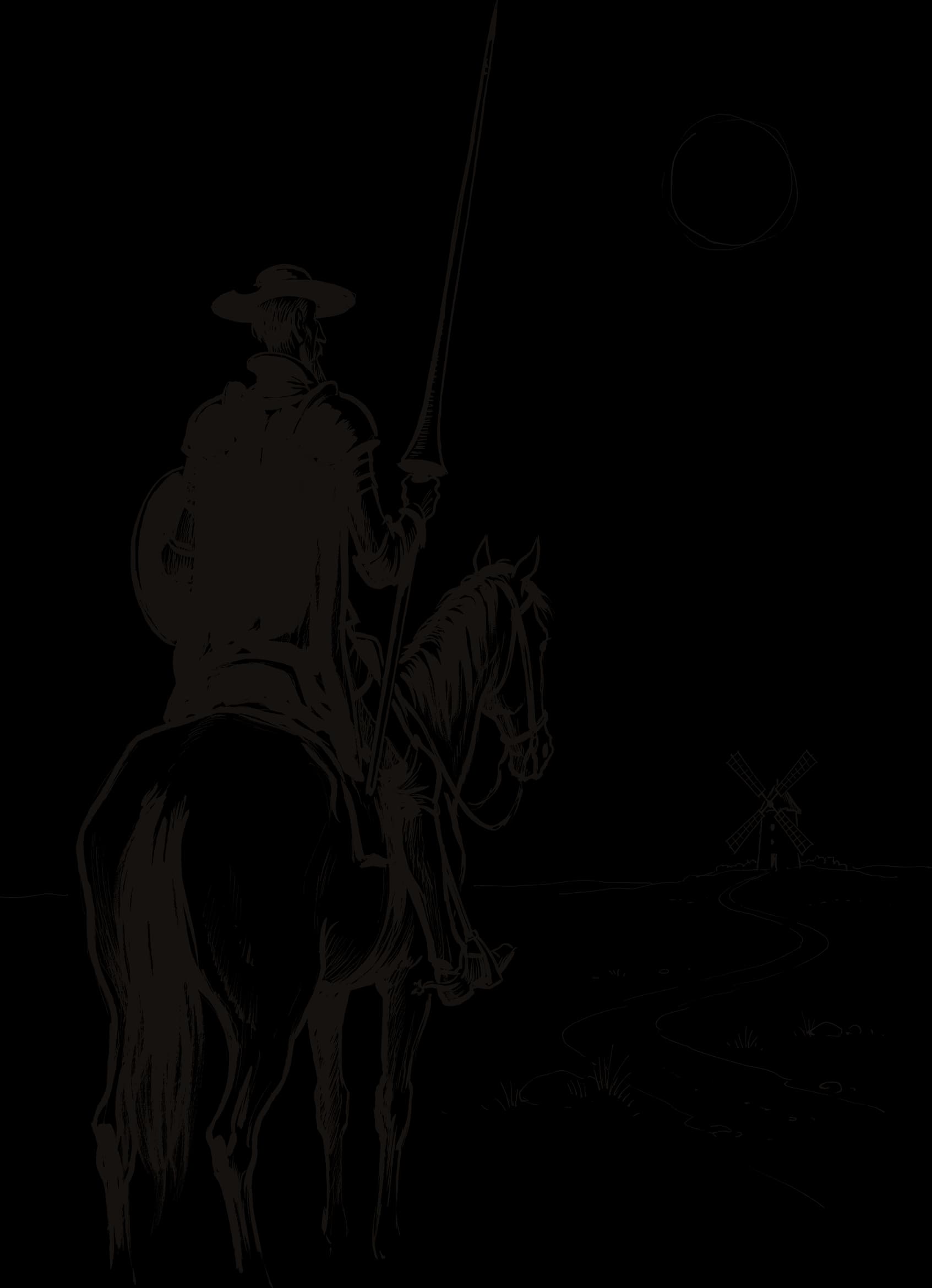 A knight halted on an empty plain, a windmill far off to the right