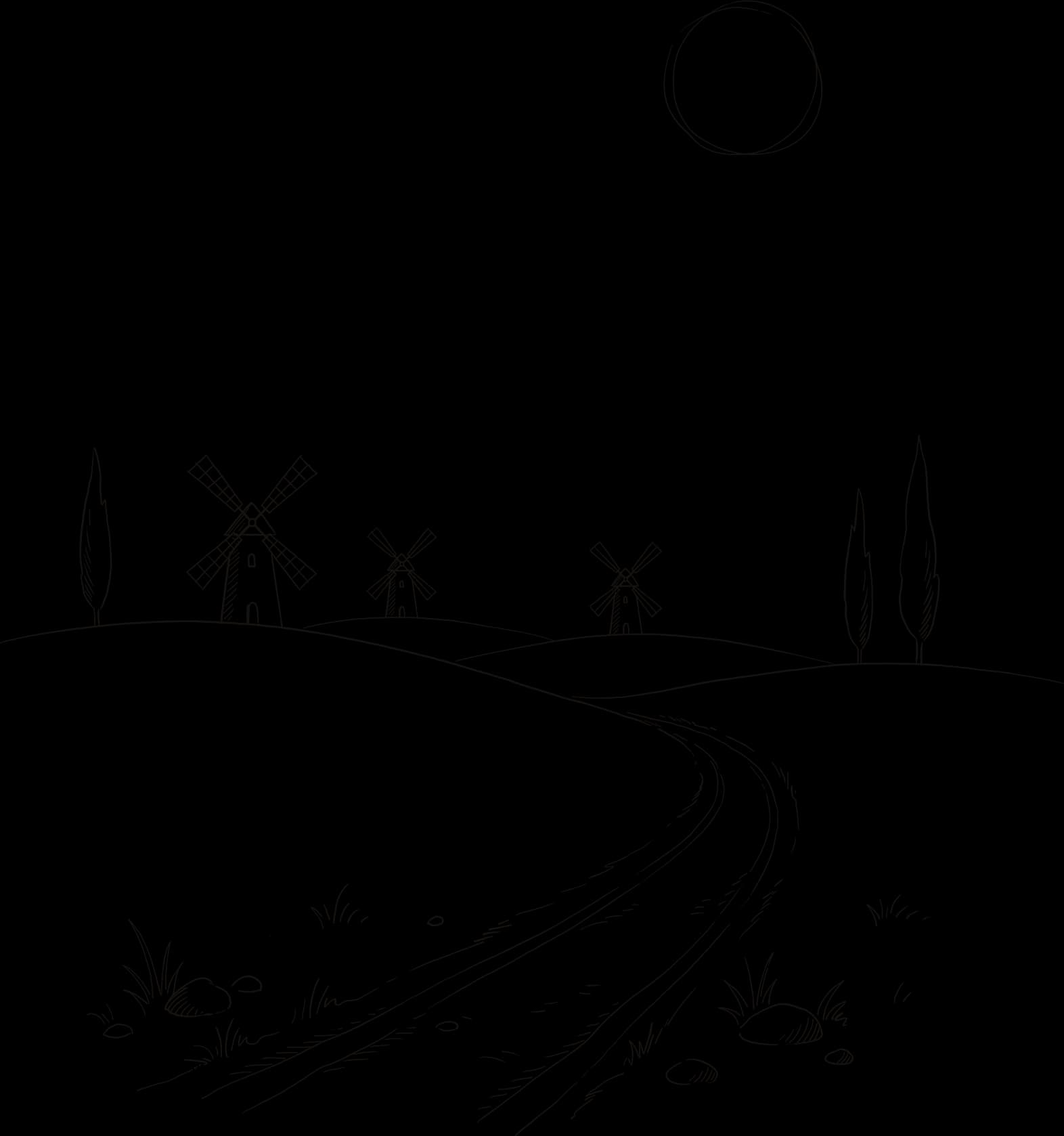 A plain with three windmills and a winding track